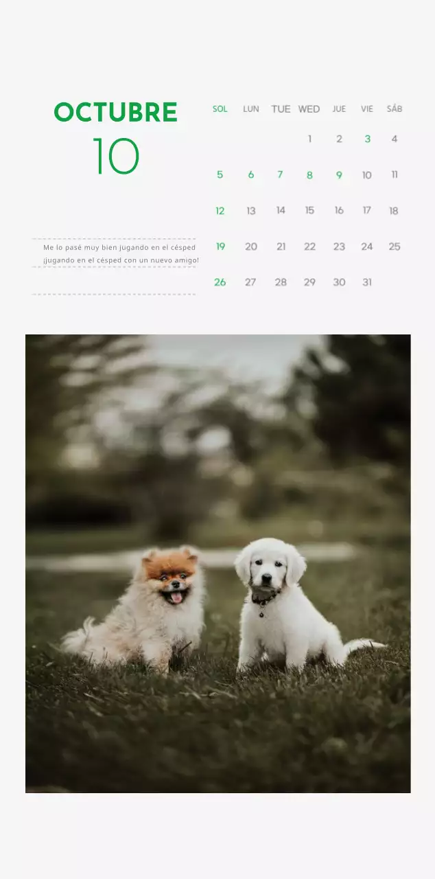 Un calendario con una foto de un cachorro y un bonito mensaje en color verde