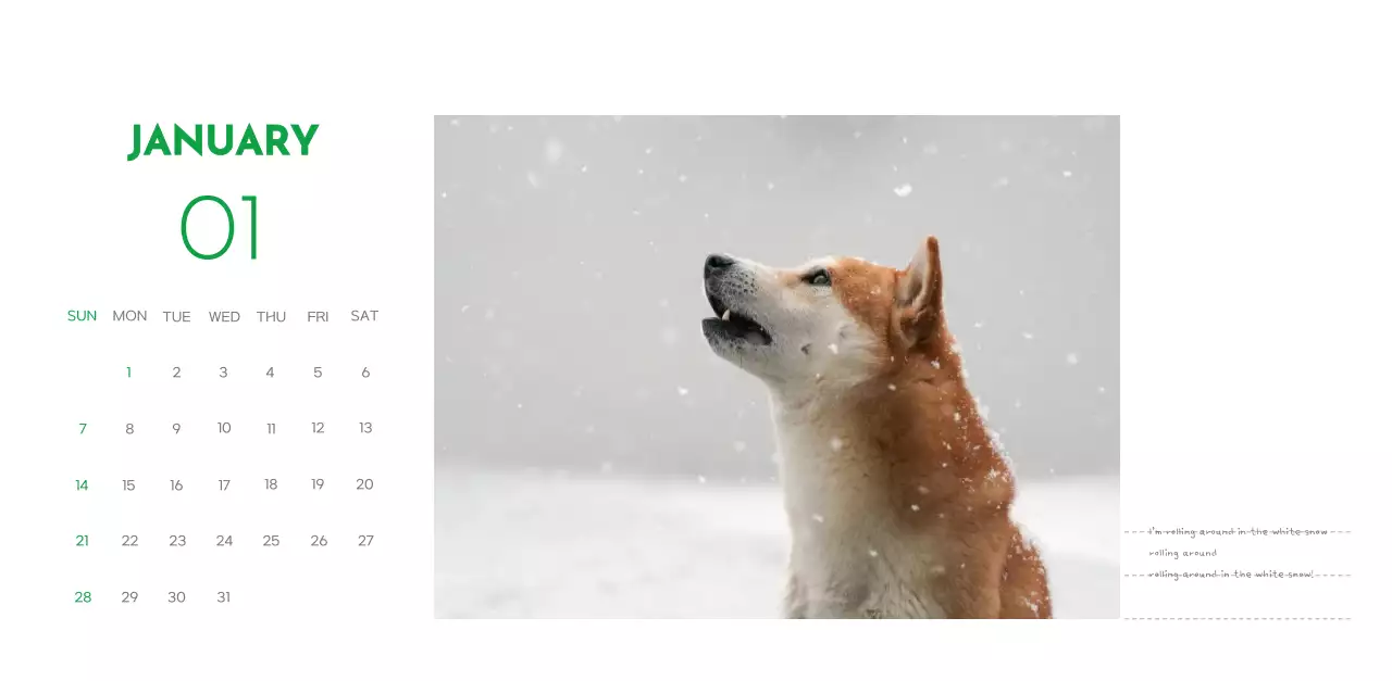 A calendar with a puppy photo and cute message in a green accent color