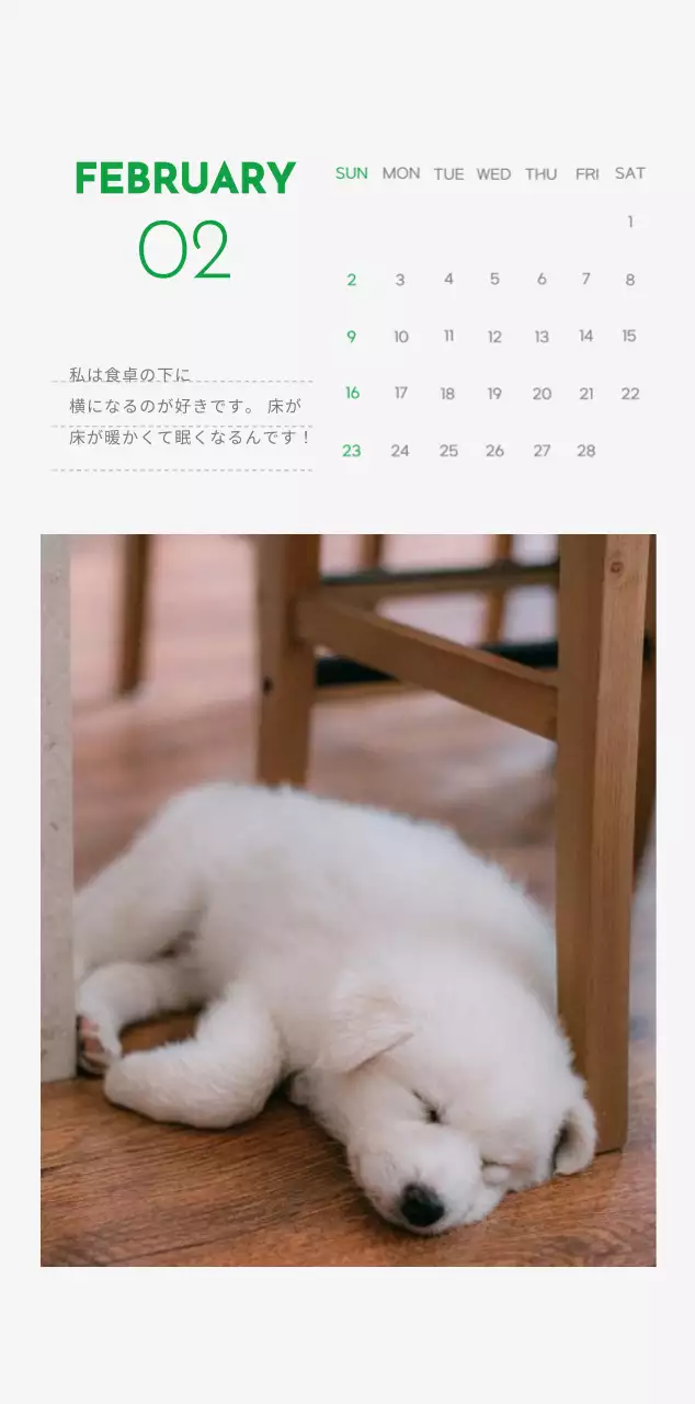 緑色のポイントカラーに子犬の写真とかわいいメッセージの入ったカレンダー