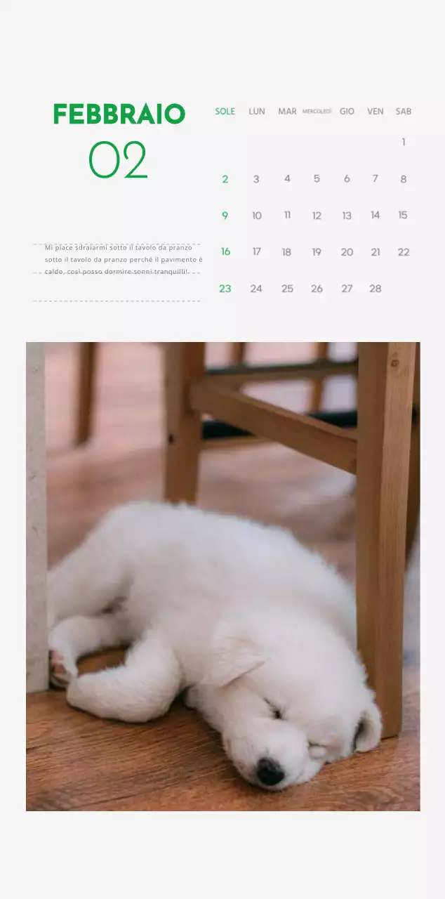 Un calendario con la foto di un cucciolo e un simpatico messaggio in colore verde.