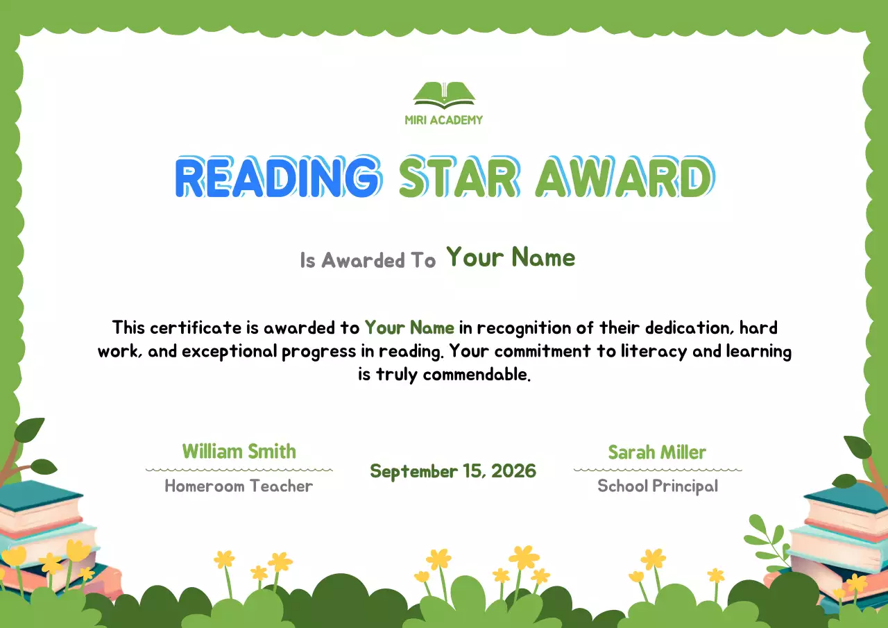 Green Simple Reading Certificate Poster