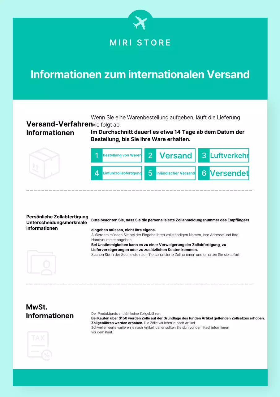 Eine einfache internationale Versandanzeige in mint und weiß