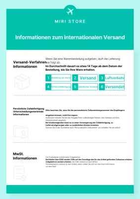 Eine einfache internationale Versandanzeige in mint und weiß