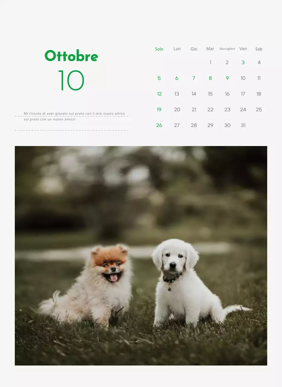Un calendario con la foto di un cucciolo e un simpatico messaggio in colore verde.