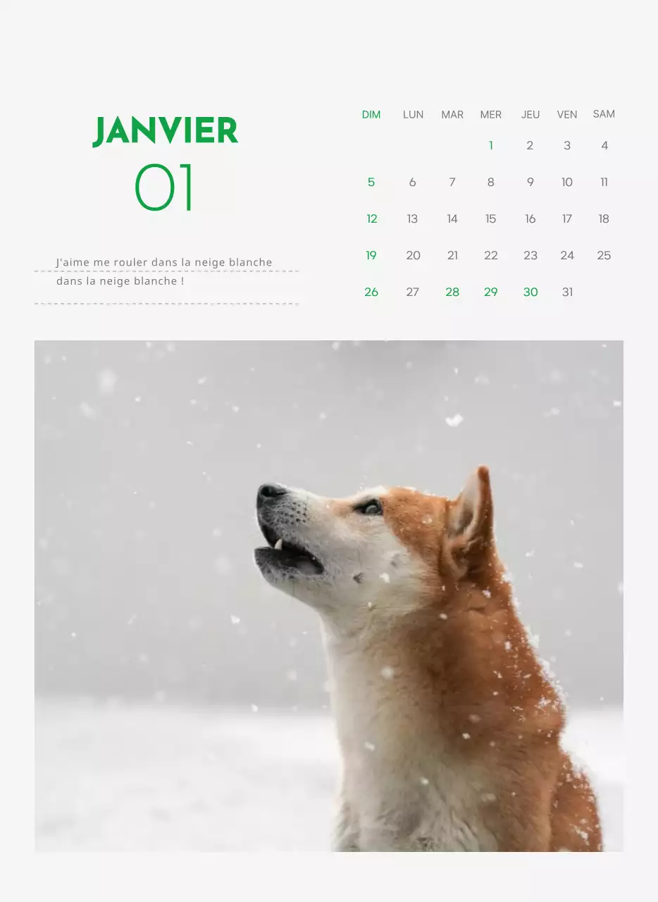 Un calendrier avec une photo de chiot et un message mignon dans une couleur verte.