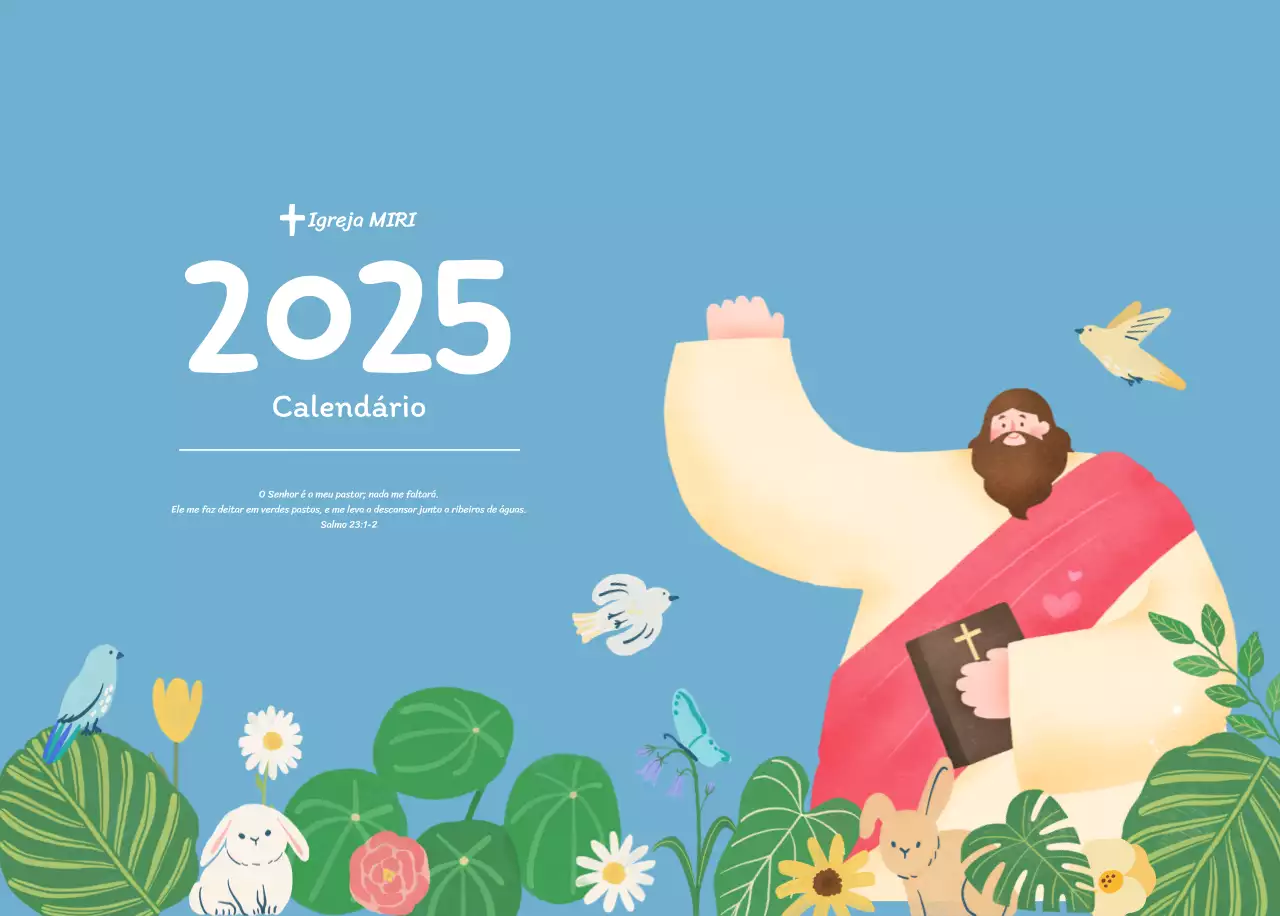 Um calendário devocional com ilustrações acolhedoras e versículos bíblicos sobre um fundo azul claro