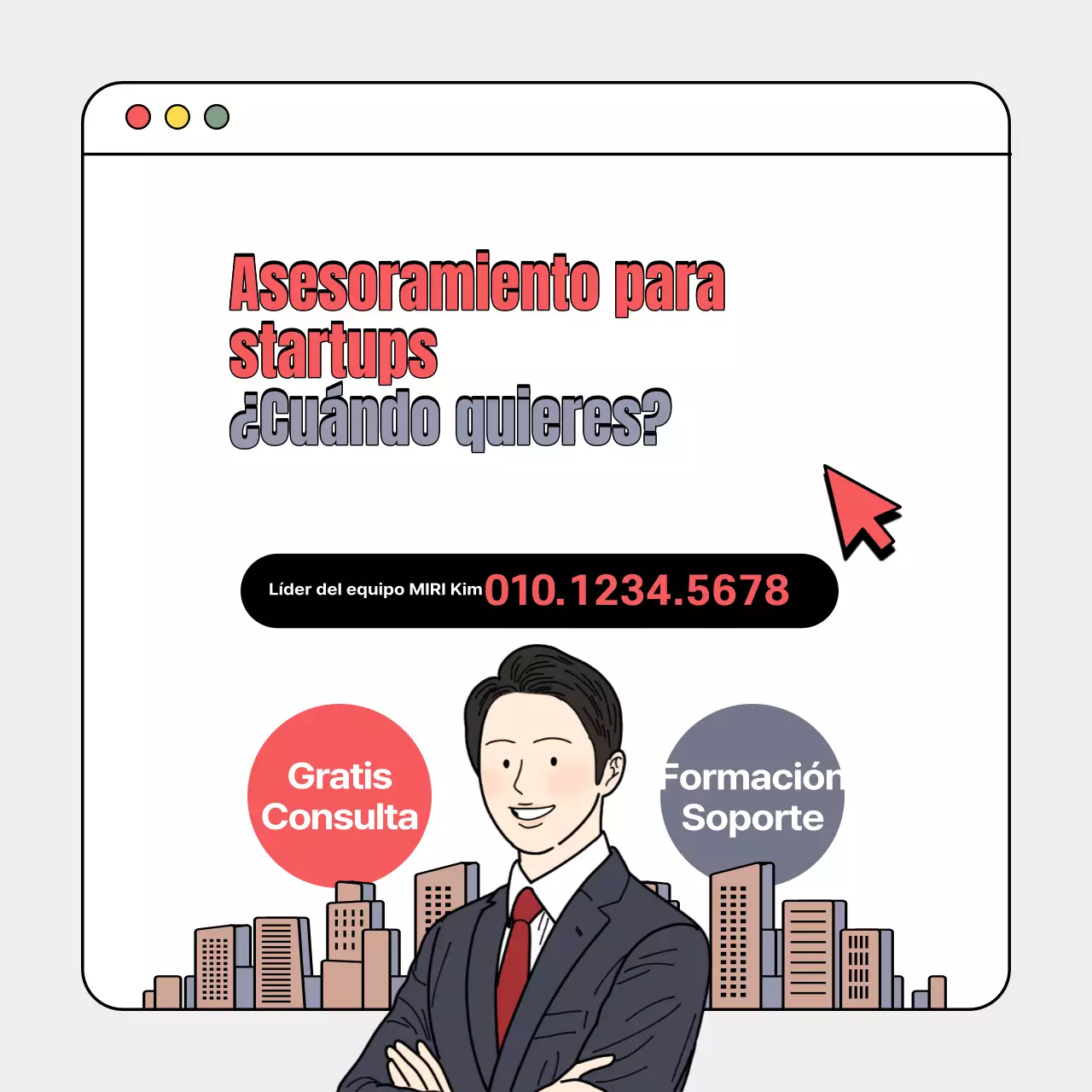 Promocione su servicio de asesoramiento a startups con una interfaz de usuario en rojo y gris