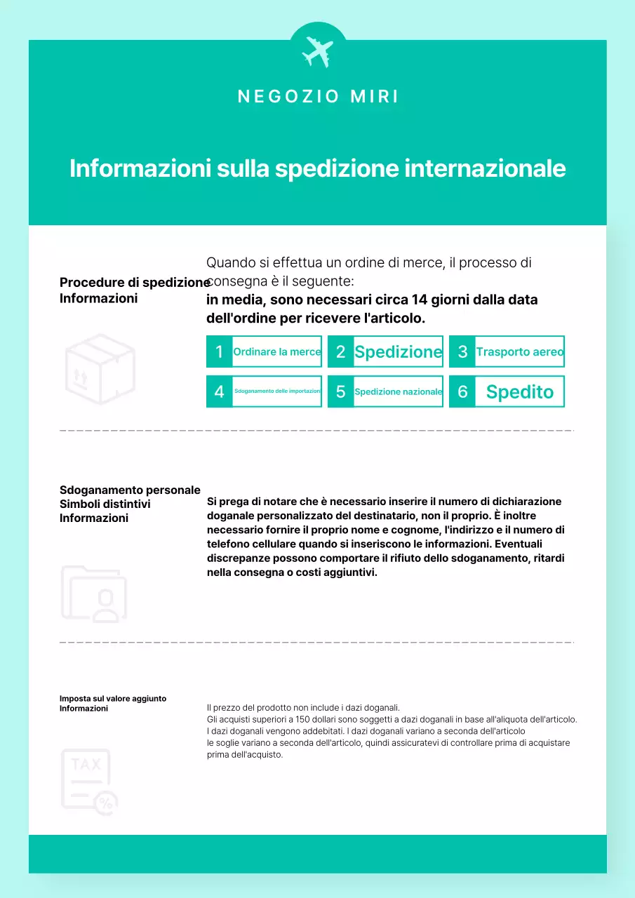 Un semplice avviso di spedizione internazionale in bianco e menta