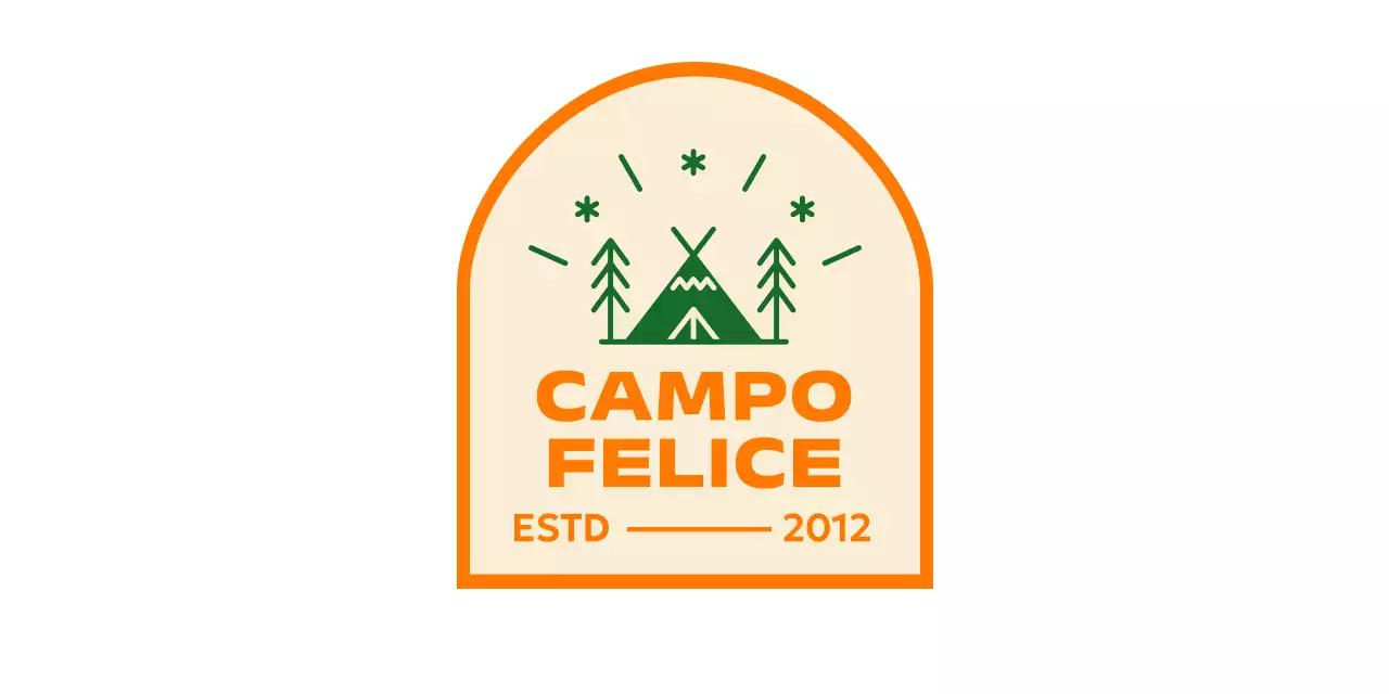 Semplice promozione del campeggio con illustrazione del campo arancione-verde