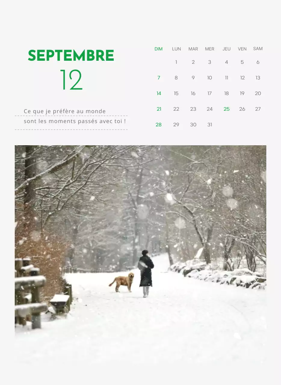 Un calendrier avec une photo de chiot et un message mignon dans une couleur verte.