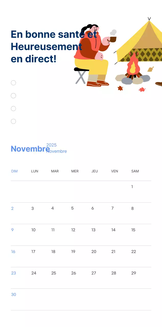 Calendrier de motivation avec des illustrations énergiques et des citations positives sur un fond bleu clair