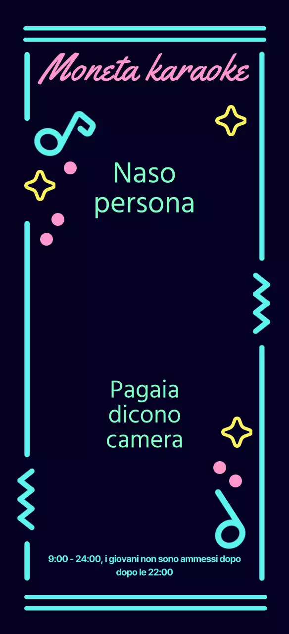 Guida al karaoke a gettoni, nera e kitsch, con insegna al neon