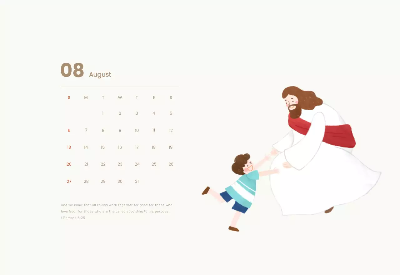 Word calendar with cozy illustrations and Bible verses on a light blue background