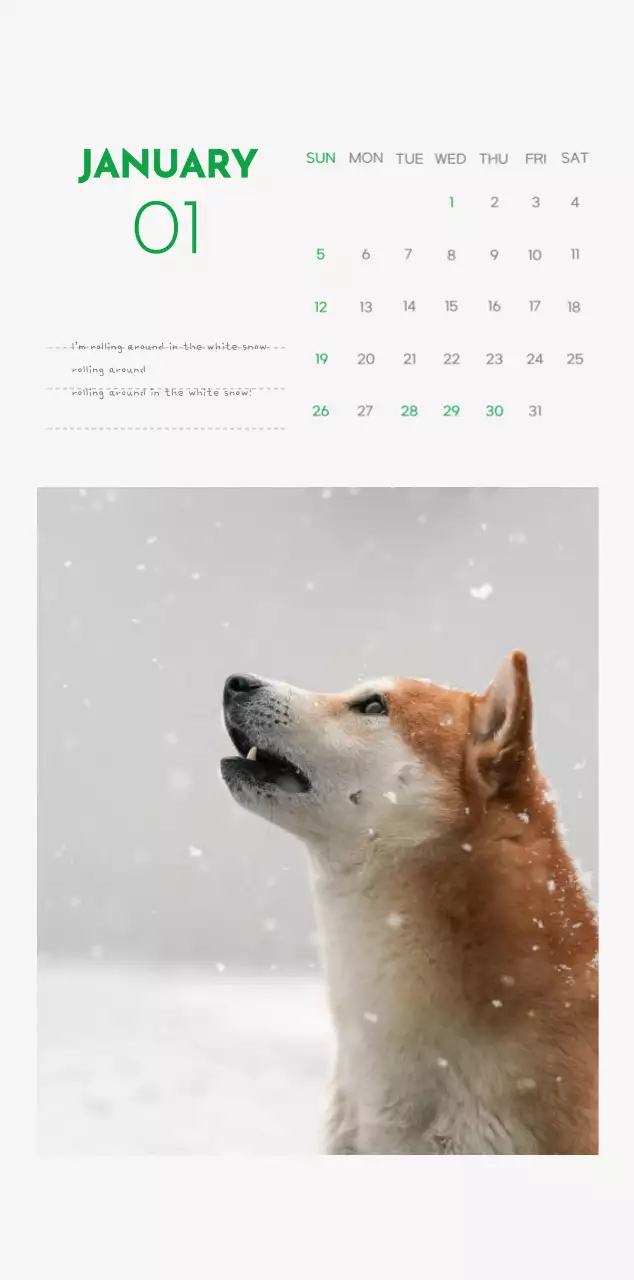 A calendar with a puppy photo and cute message in a green accent color