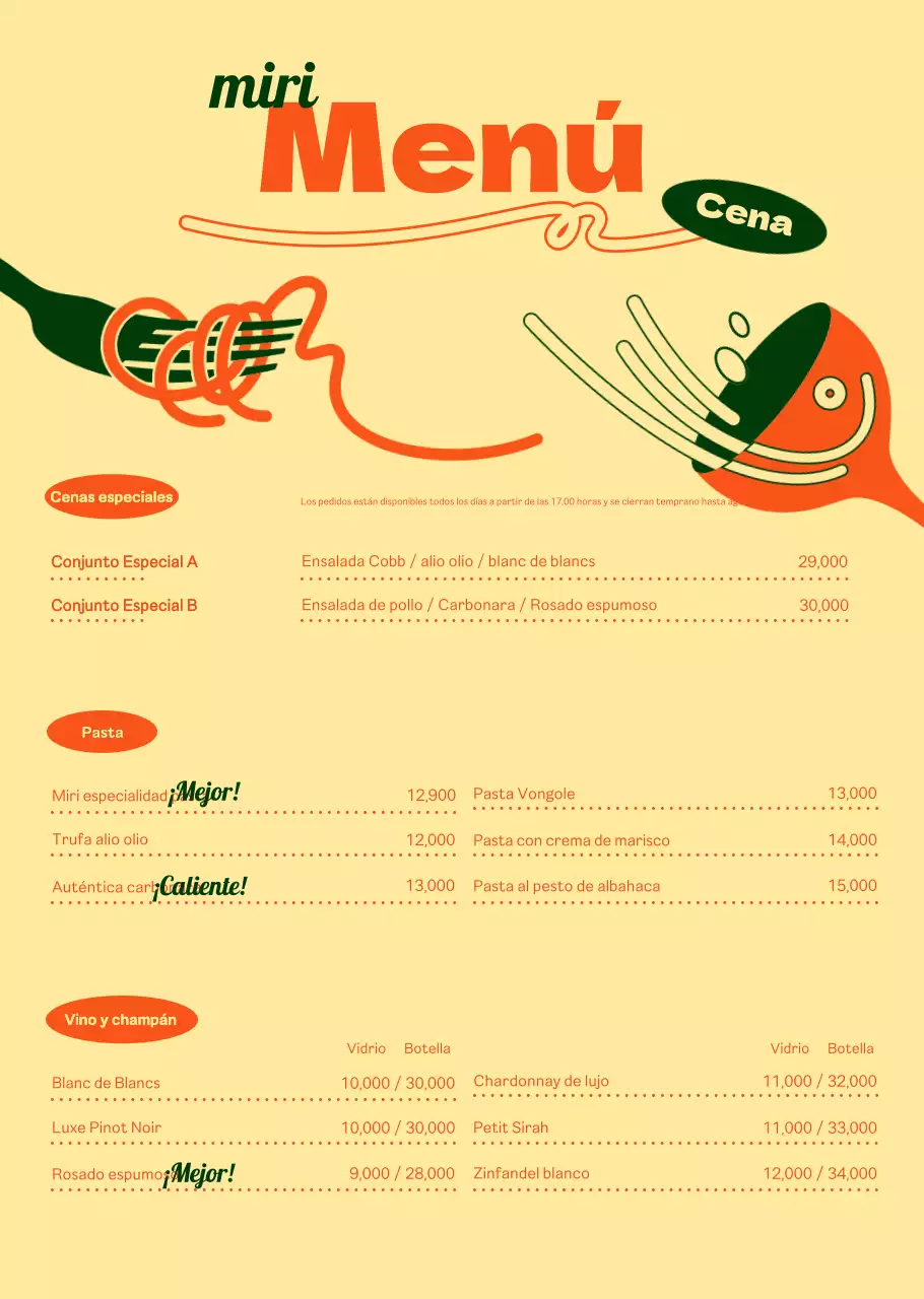 Sobre el menú de pasta chic en naranja y marfil