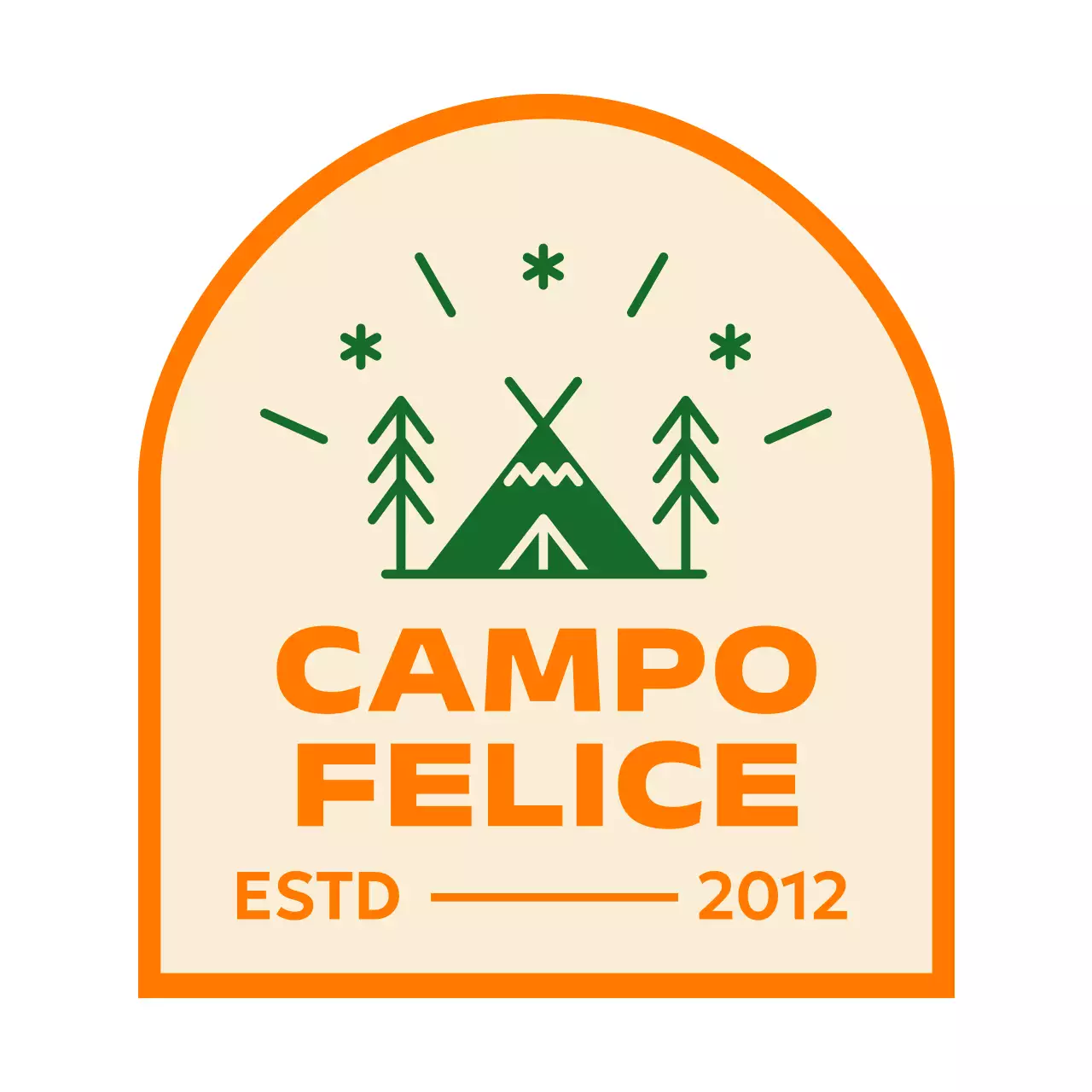 Semplice promozione del campeggio con illustrazione del campo arancione-verde