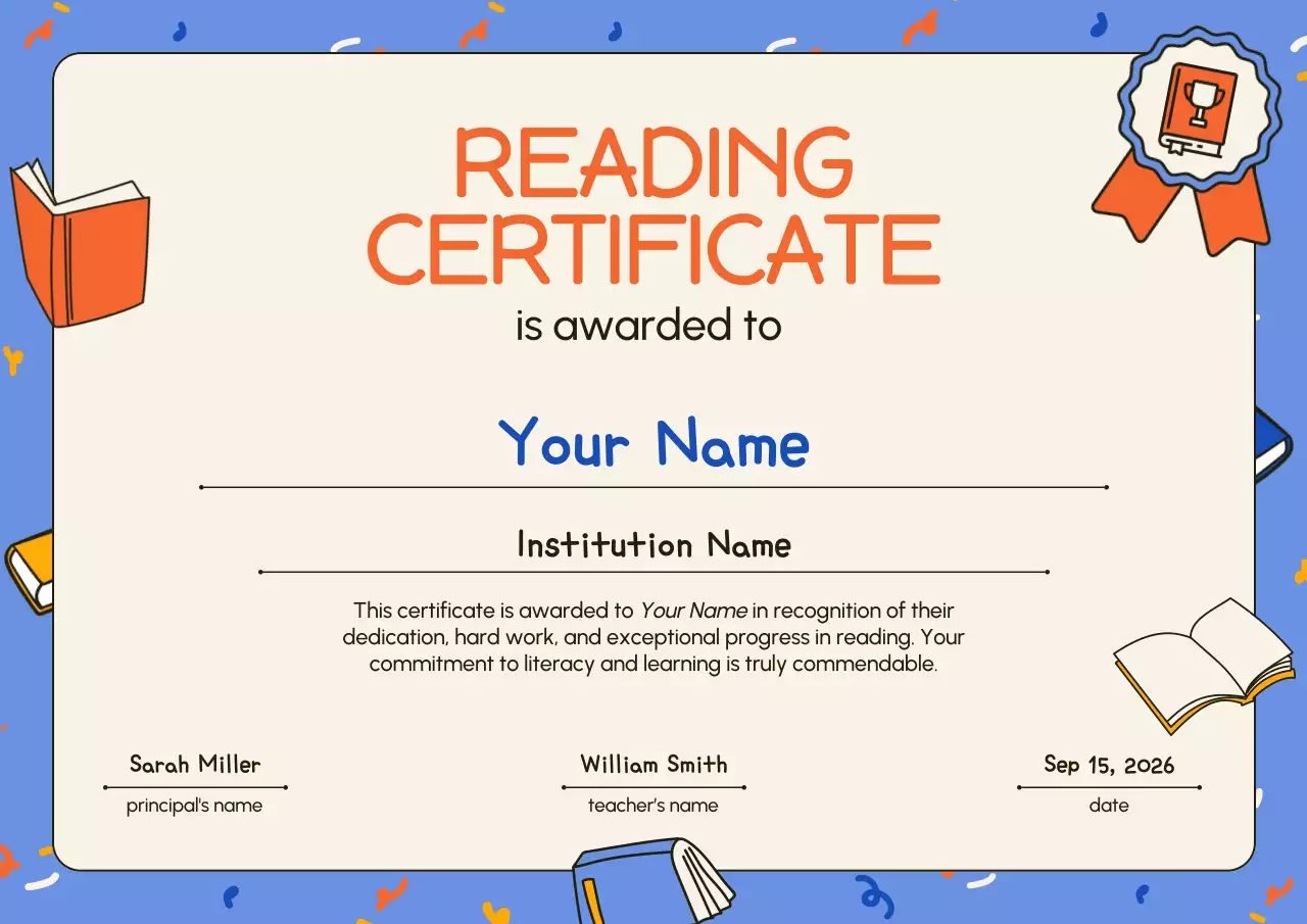 Blue Minimal Reading Certificate Poster