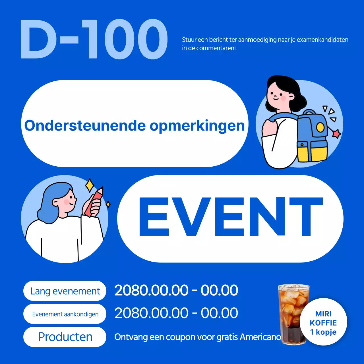 Blauw en eenvoudig, juichen voor de aankondiging van het evenement voor examenkandidaten