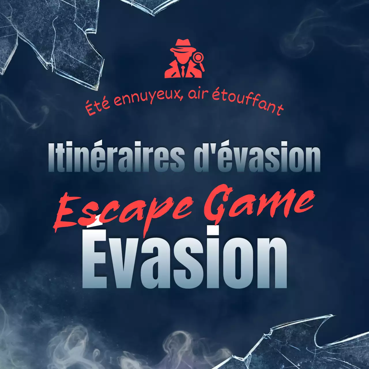Promouvoir un jeu d'évasion (escape room) avec une touche de fantaisie bleu marine et rouge