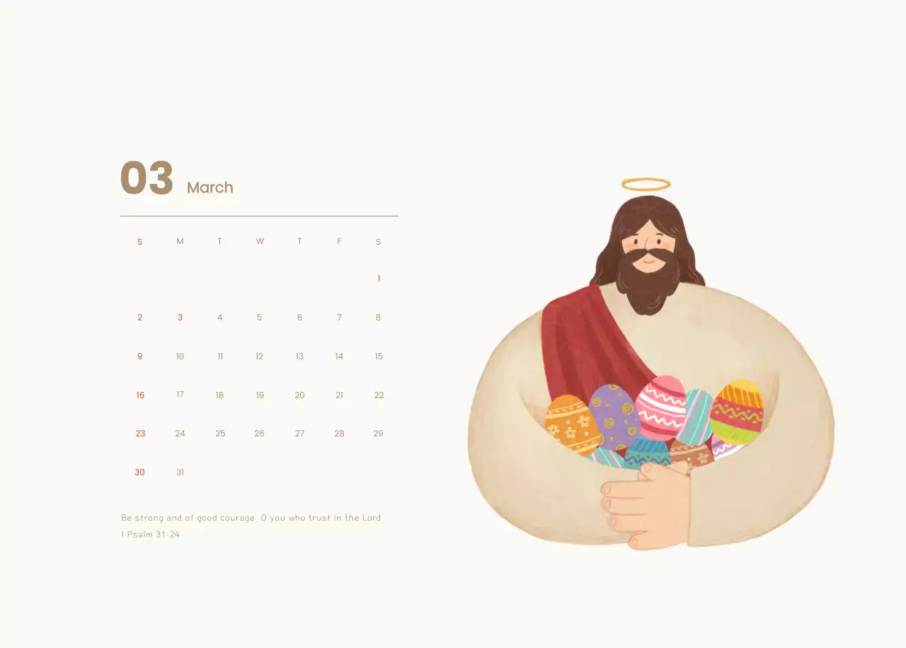 Word calendar with cozy illustrations and Bible verses on a light blue background