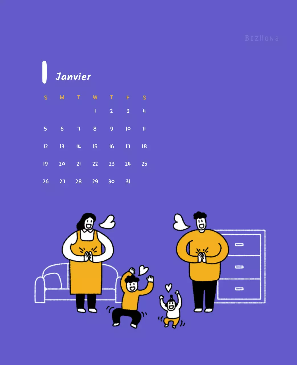 Calendrier du Nouvel An avec de jolies illustrations