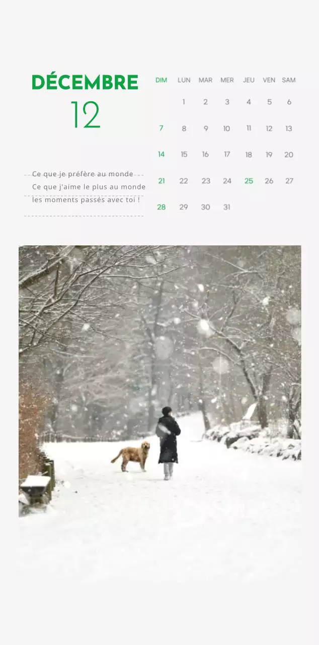 Un calendrier avec une photo de chiot et un message mignon dans une couleur verte.