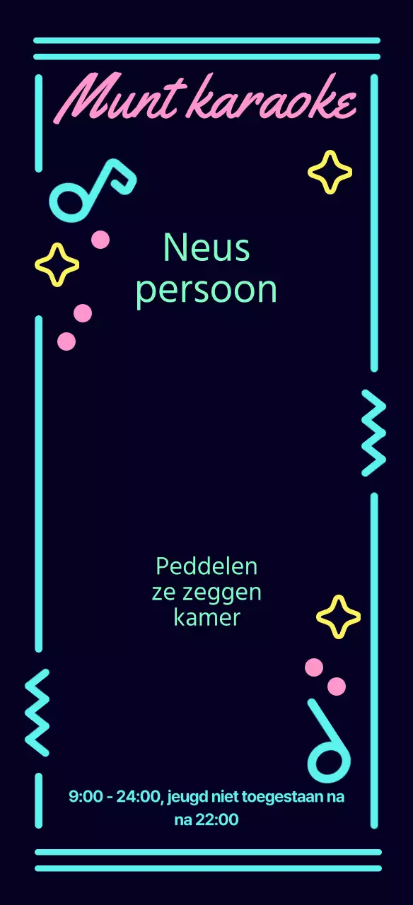 Zwarte, kitscherige karaoke-gids met neonverlichting en muntbediening