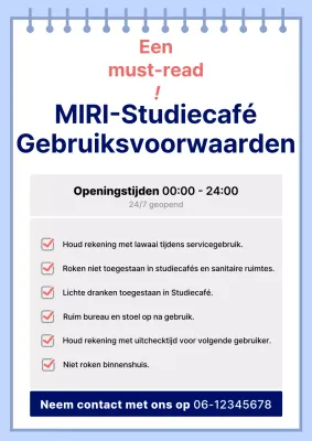 Rood en blauw modern studiecafé in het centrum van de stad