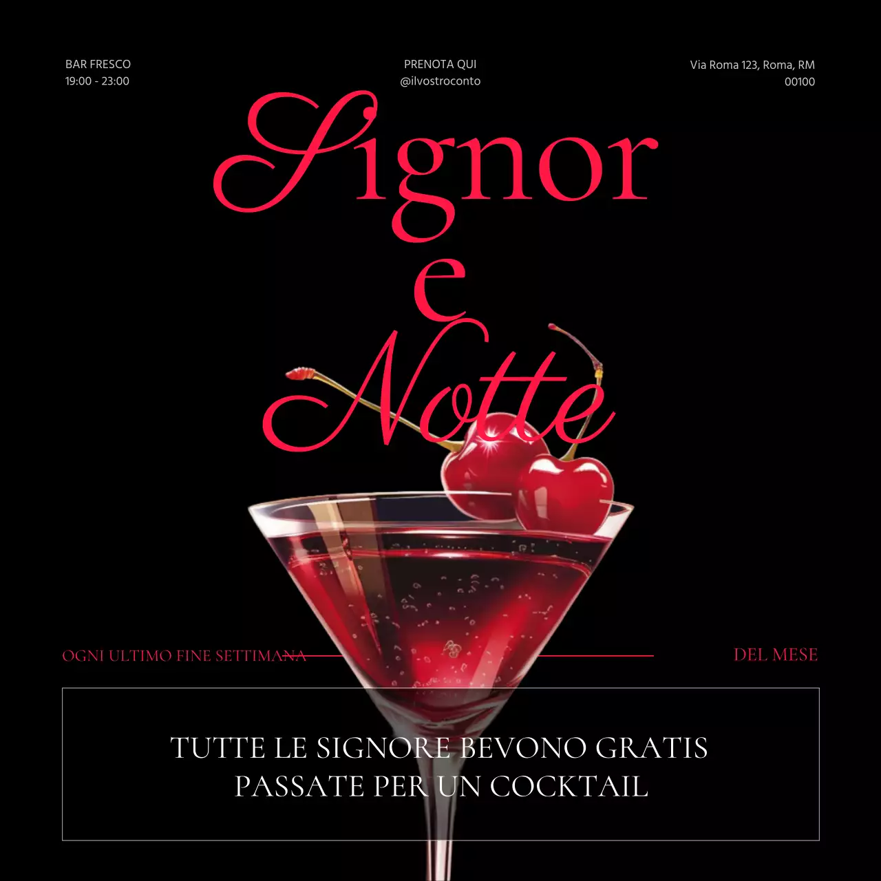 Promuovete uno sconto sui lussuosi cocktail per la festa della donna in nero e rosso