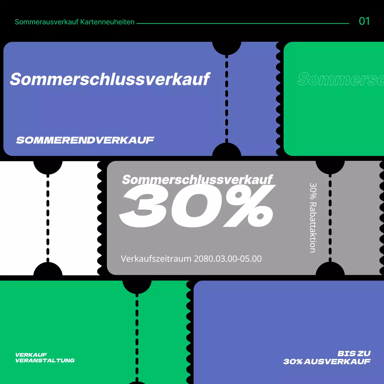 Eine Kollektion von Sommerverkäufen mit lila und grünen Akzenten