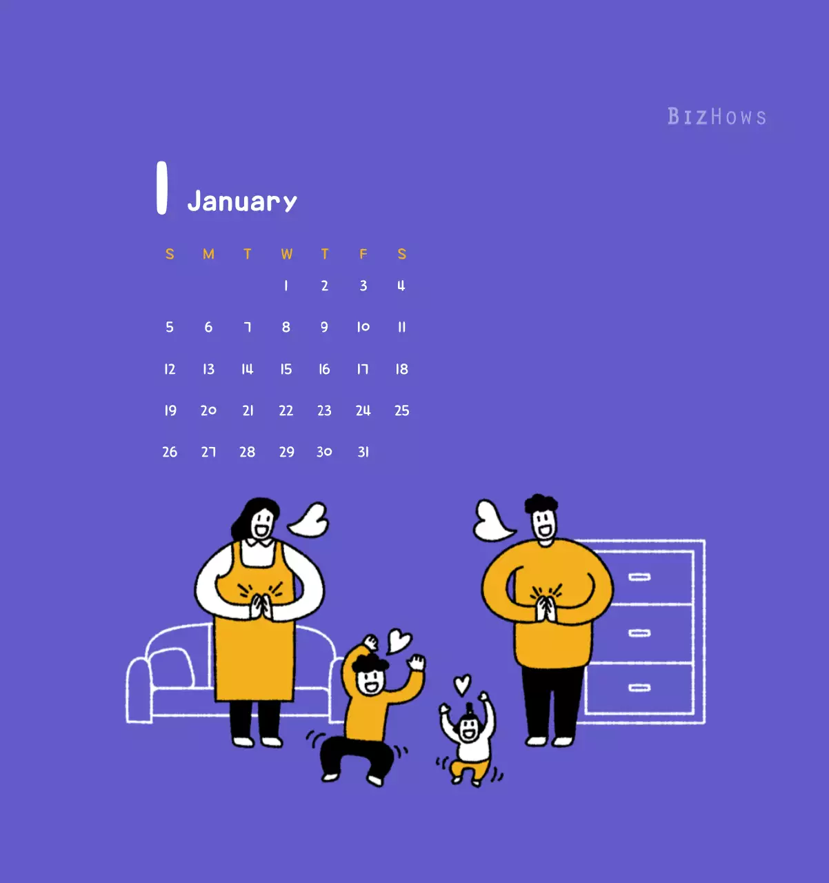 New Year's calendar with cute illustrations