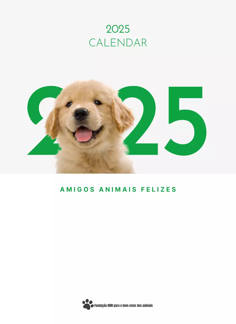 Um calendário com uma fotografia de um cachorrinho e uma mensagem bonita em verde