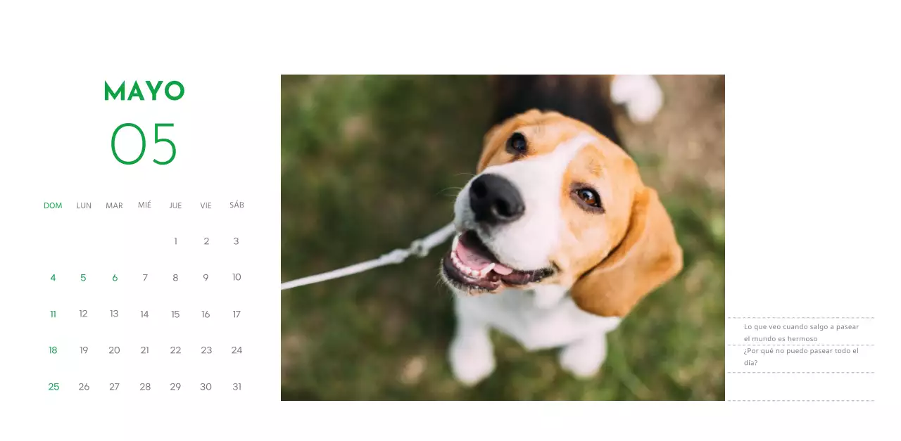 Un calendario con una foto de un cachorro y un bonito mensaje en color verde