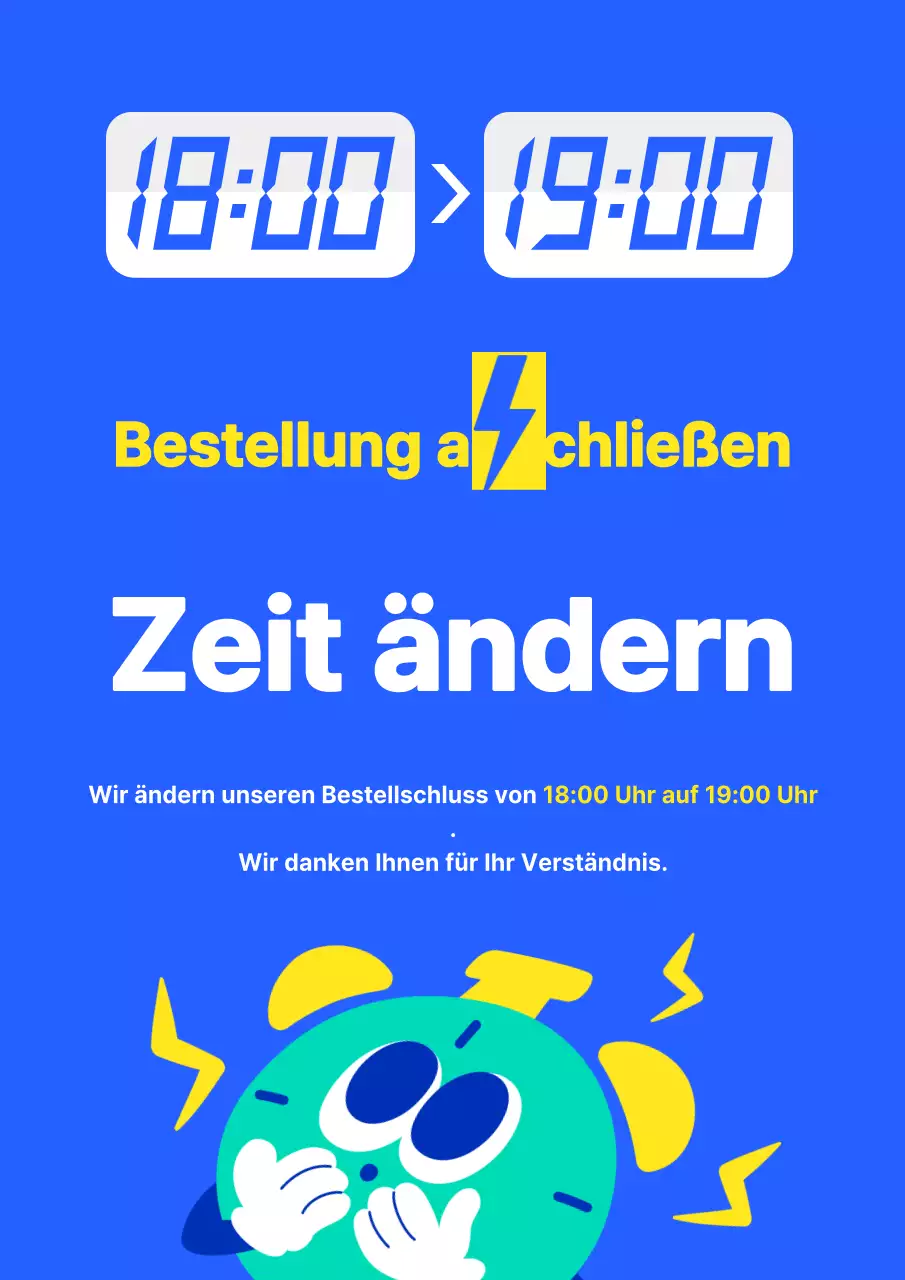 Blau-gelbe, kitschige Ankündigung zur Änderung der Annahmeschlusszeit