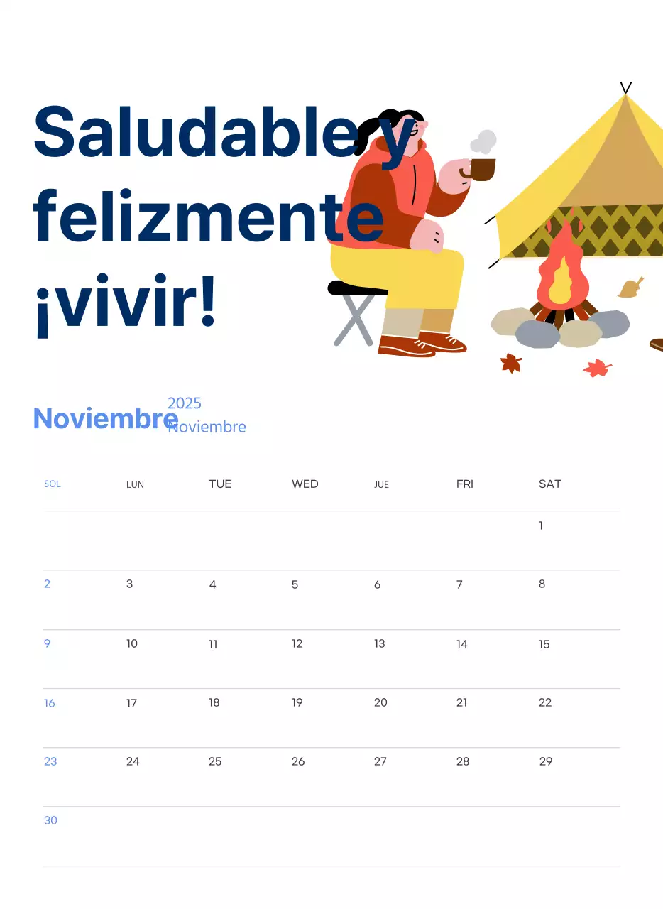 Calendario motivacional con enérgicas ilustraciones y citas positivas sobre fondo azul claro