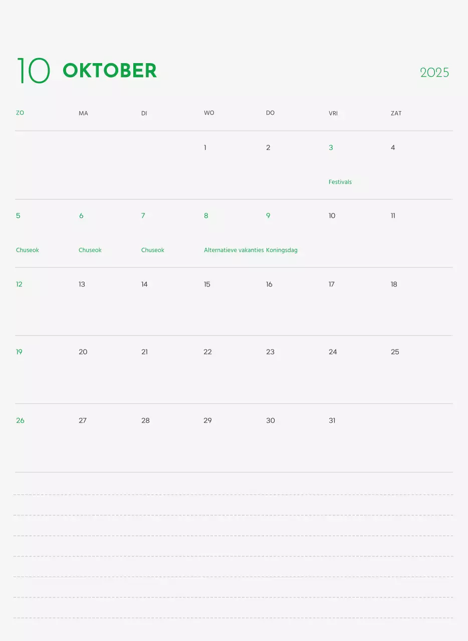 Een kalender met een puppyfoto en een schattige boodschap in groene accentkleur