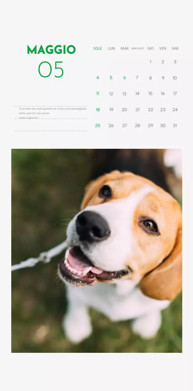 Un calendario con la foto di un cucciolo e un simpatico messaggio in colore verde.
