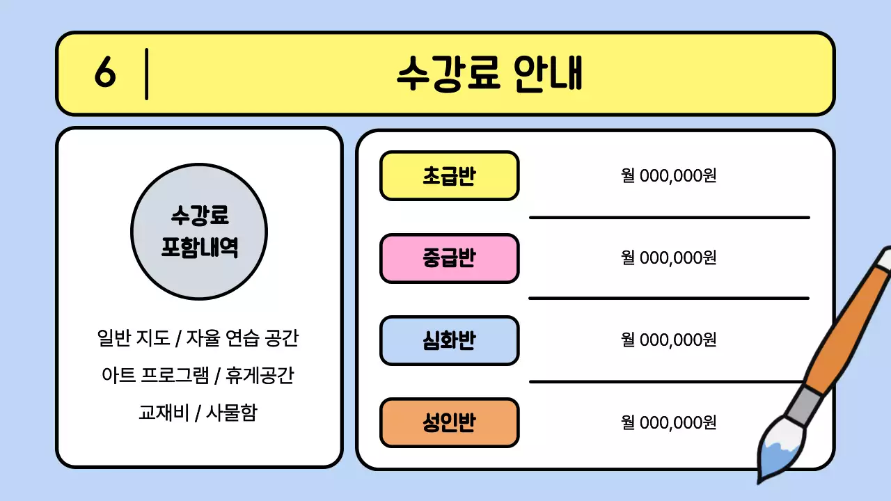 노랑과 하늘색의 팝한 예체능 학원 소개서