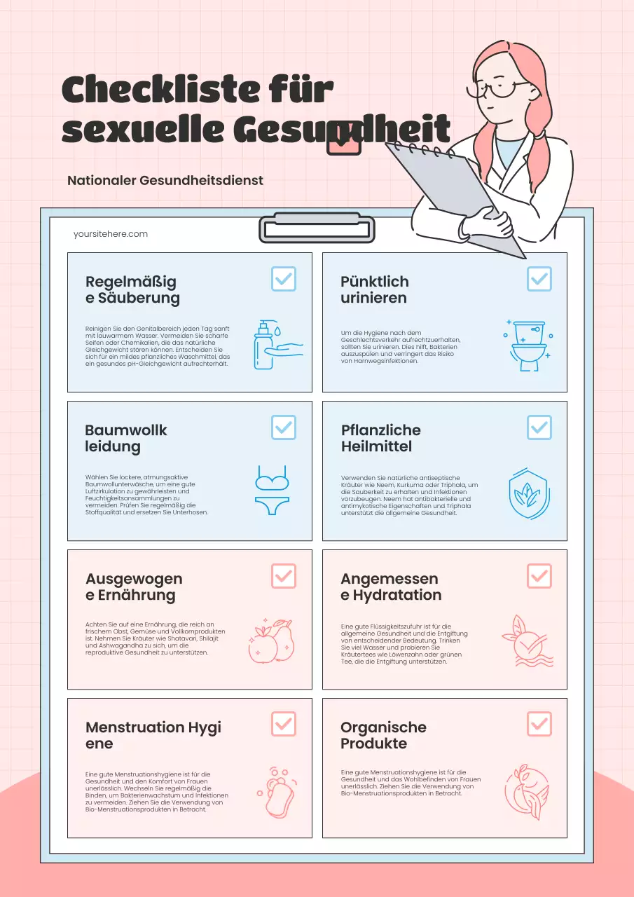 Eine moderne Infografik mit Checkliste für sexuelle Gesundheit in Rosa und Hellblau Beschreibung