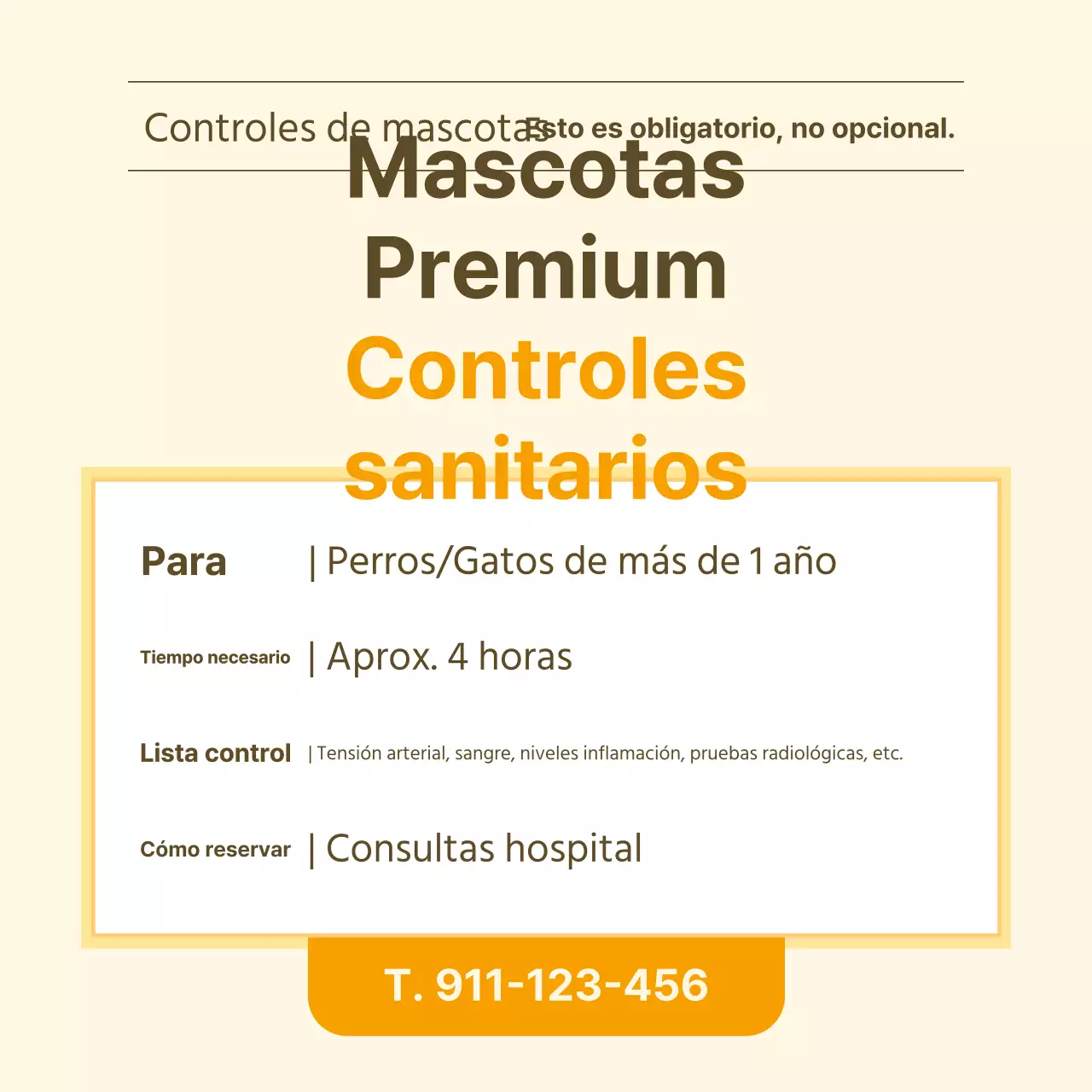 Información sanitaria para mascotas en blanco y amarillo