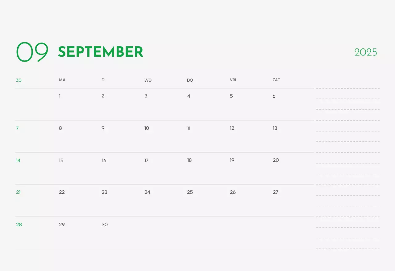 Een kalender met een puppyfoto en een schattige boodschap in groene accentkleur