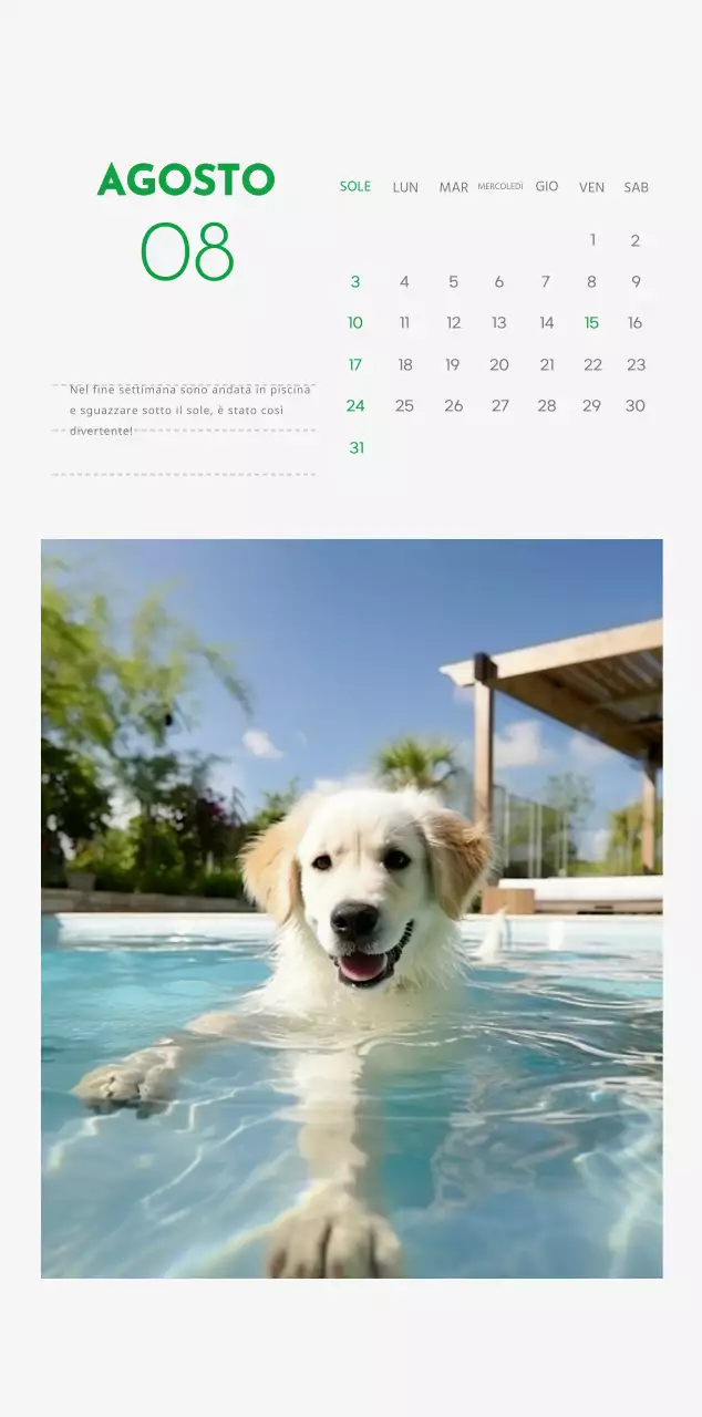 Un calendario con la foto di un cucciolo e un simpatico messaggio in colore verde.