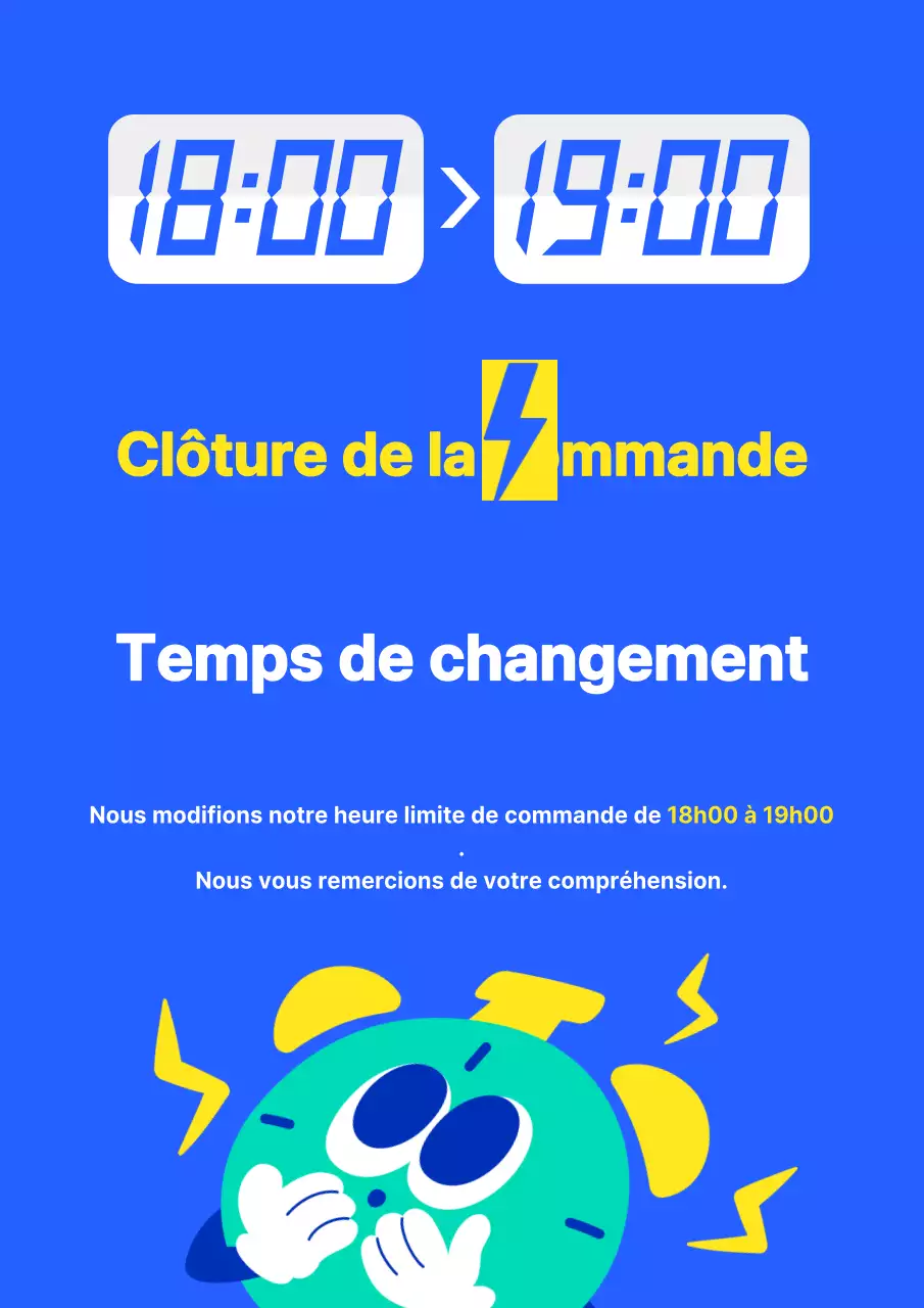 Annonce d'un changement d'heure de clôture des commandes en bleu et jaune kitsch