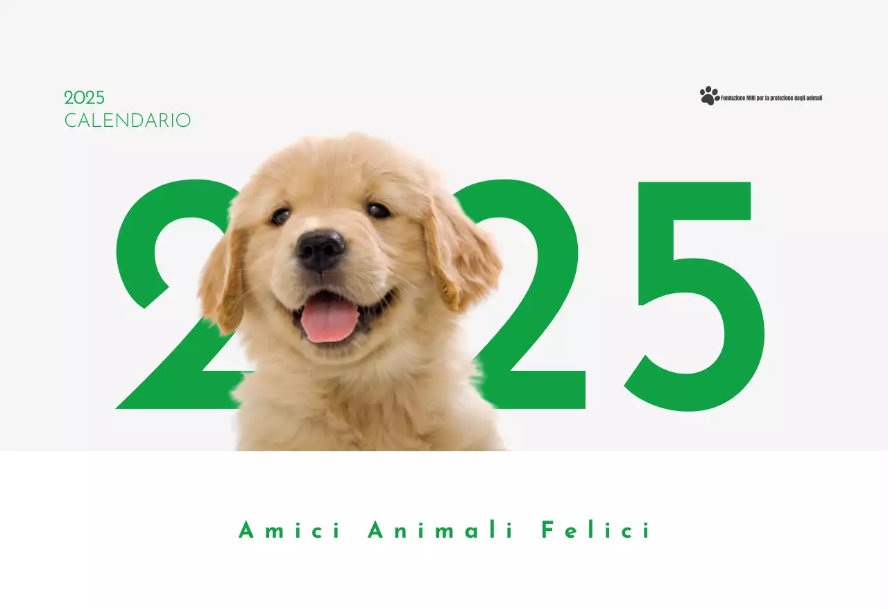 Un calendario con la foto di un cucciolo e un simpatico messaggio in colore verde.