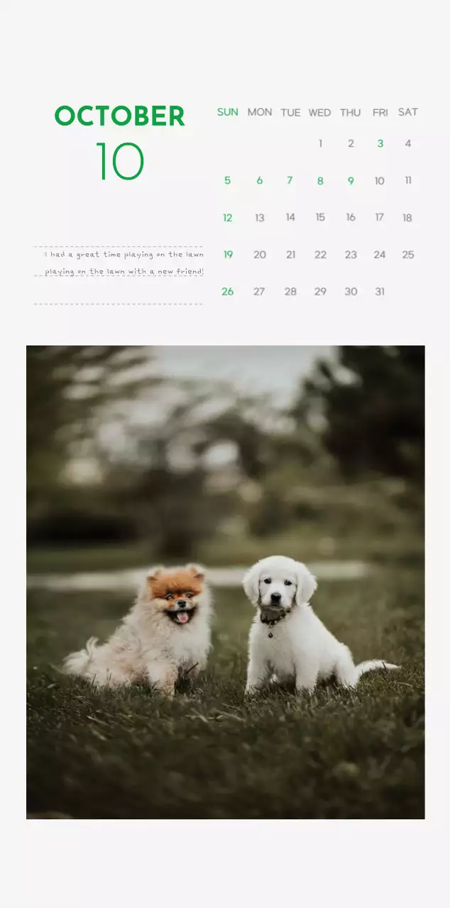 A calendar with a puppy photo and cute message in a green accent color