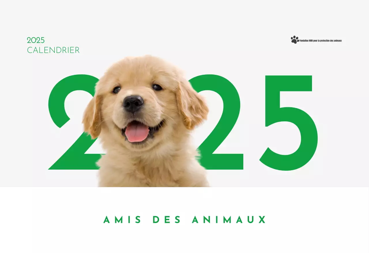 Un calendrier avec une photo de chiot et un message mignon dans une couleur verte.