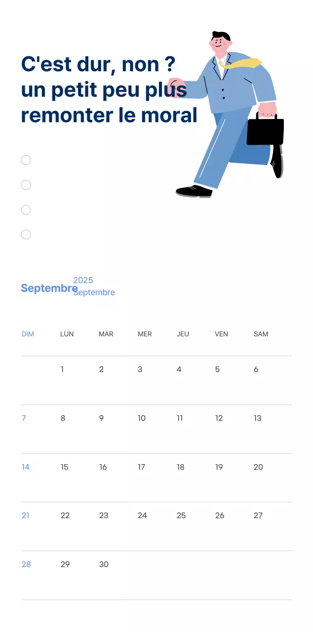 Calendrier de motivation avec des illustrations énergiques et des citations positives sur un fond bleu clair