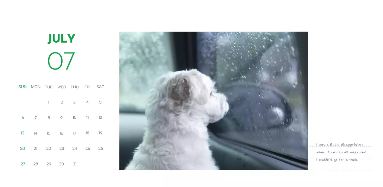 A calendar with a puppy photo and cute message in a green accent color