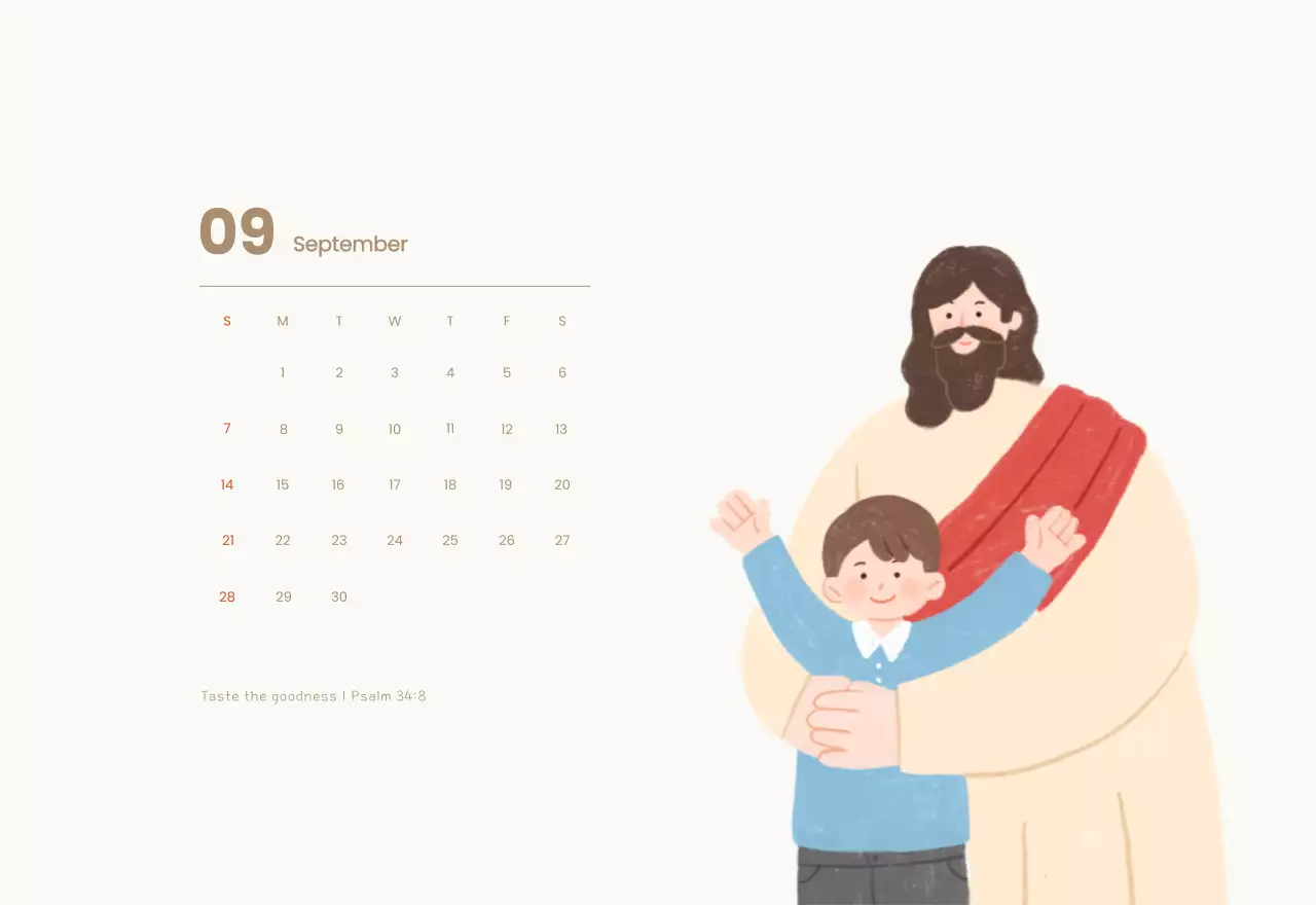 Word calendar with cozy illustrations and Bible verses on a light blue background