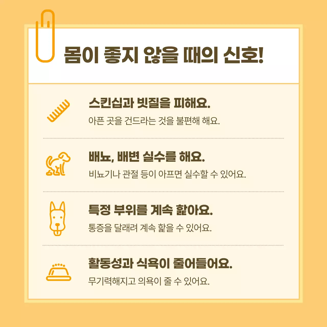 노랑과 흰색의 노트 스타일 반려동물 건강관리 정보